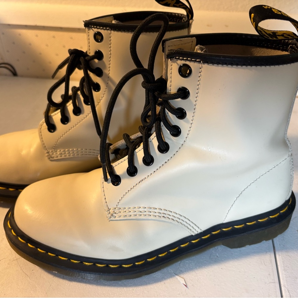 Dr. Martens Women's Cream Heeled Boots with Black Accents